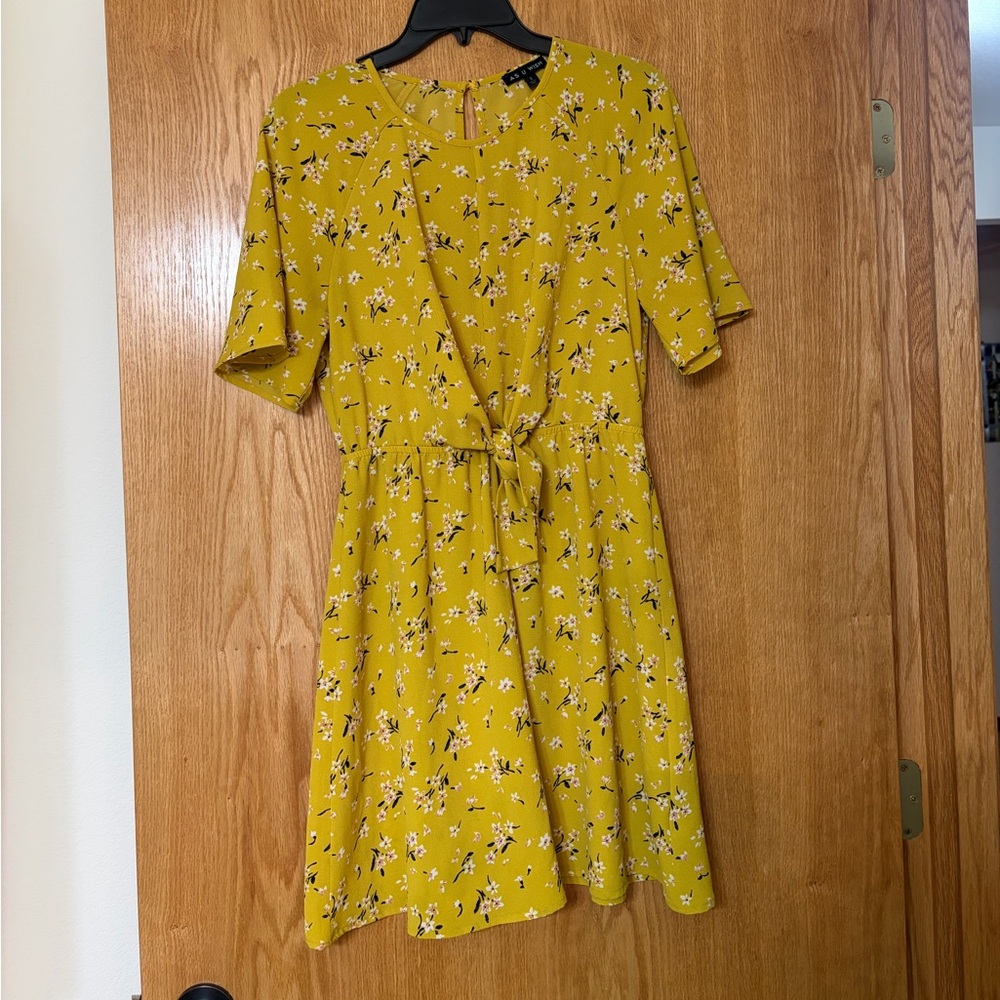 As U Wish Mustard Yellow Floral Tie-Waist Mini Dress